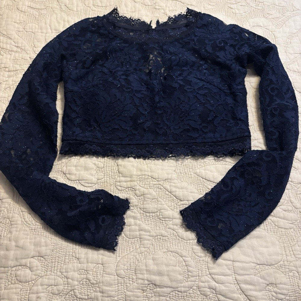 Sequin Heart Junior Miss Lace Crop Top 3 Built In Bra Blue Sleeves Fairy Rave‎